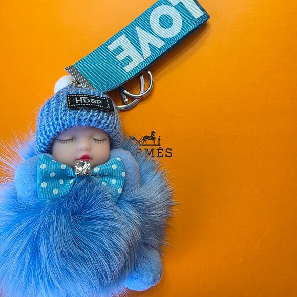 Cute Baby Sleeping Keychain with LOVE tag, Plush rabbit fur, Bag Charm - Picture 5 of 6